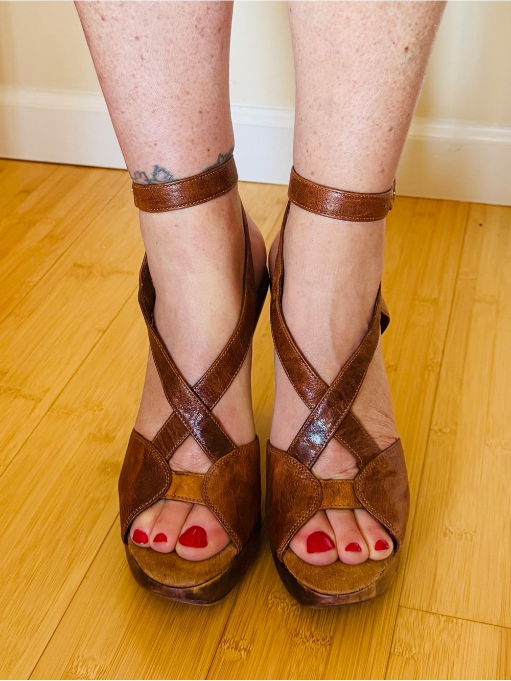 Calleen Cordero Brown Leather Crisscross Ankle-Strap Women's Sandal Heels